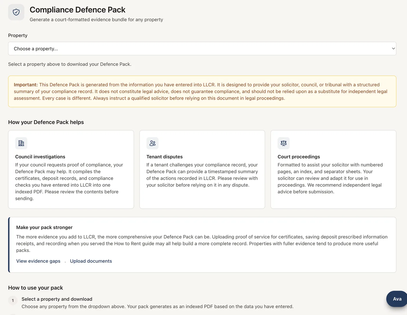 LLCR Compliance Defence Pack page with a property selector and cards for council investigations, tenant disputes and court proceedings